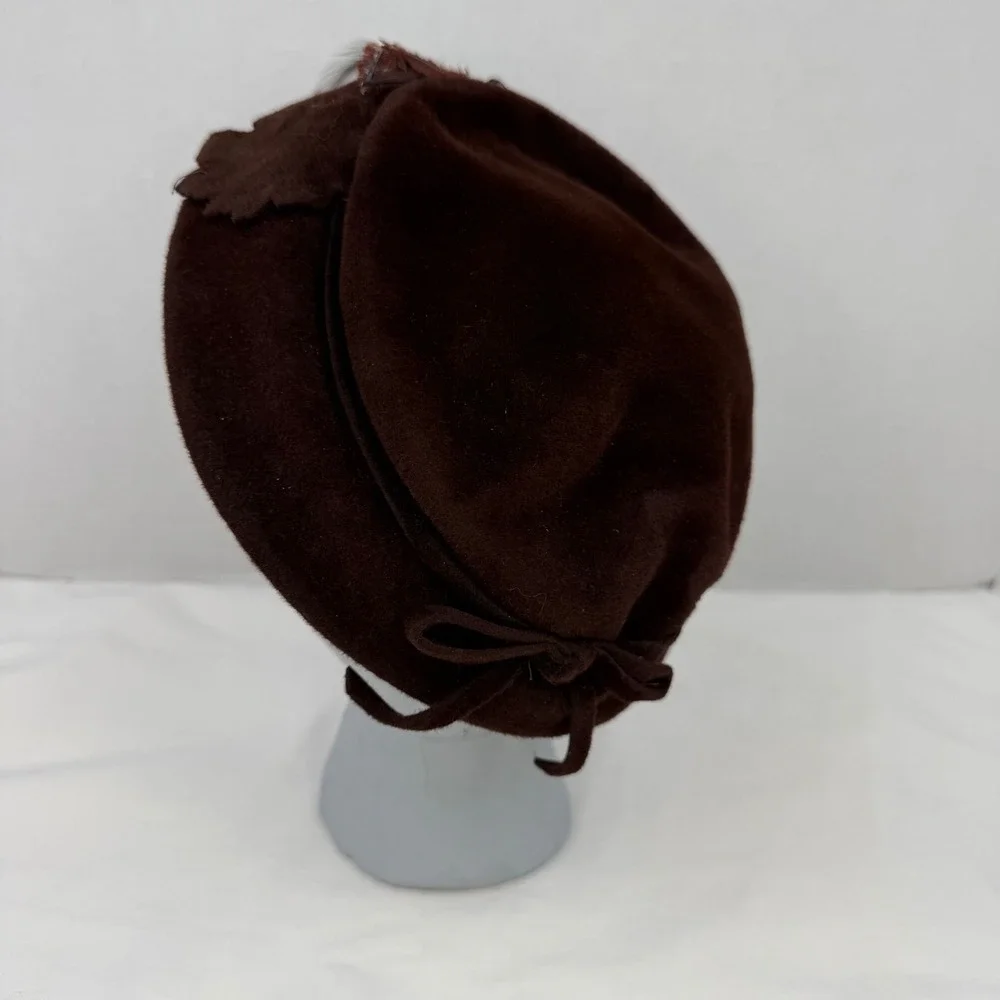 Vintage Henry G. Ross Original Brown Velour Feather Beret Hat Medium NY Paris